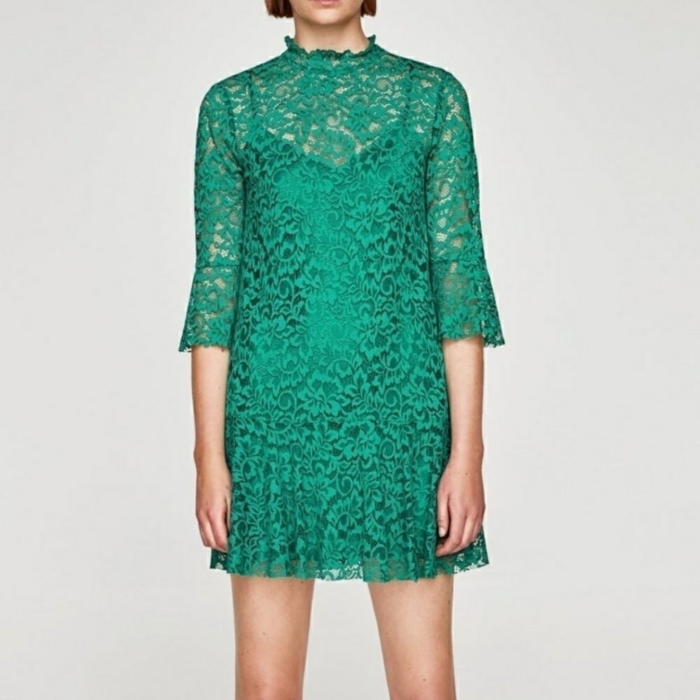 Zara Green Lace Mini Dress Emerald Sheer Overlay Mock Neck Bell Sleeve Small NWT